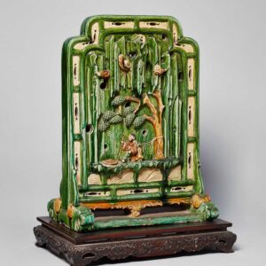 A tilemaker ‘sancai’-glazed table screen with Taoist temple inscription and carved wood stand   Jiajing period (1522-1566, circa 1550)