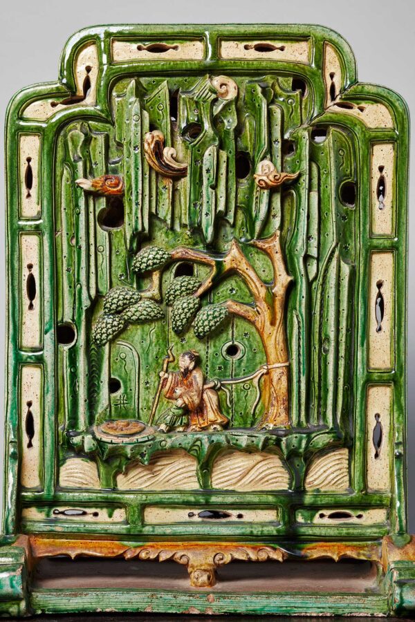 A tilemaker ‘sancai’-glazed table screen with Taoist temple inscription and carved wood stand   Jiajing period (1522-1566, circa 1550)