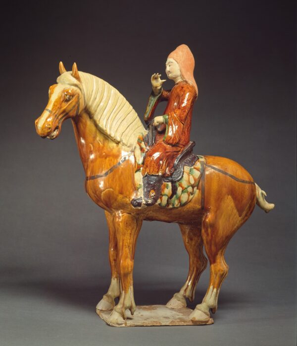 A ‘sancai’ pottery figure of an equestrian musician (Tang dynasty, 618-907 AD)