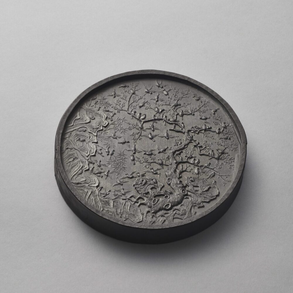 An important dated and inscribed ‘magpie and prunus’ ink cake (Tianqi first year, corresponding to 1621 and of the period)