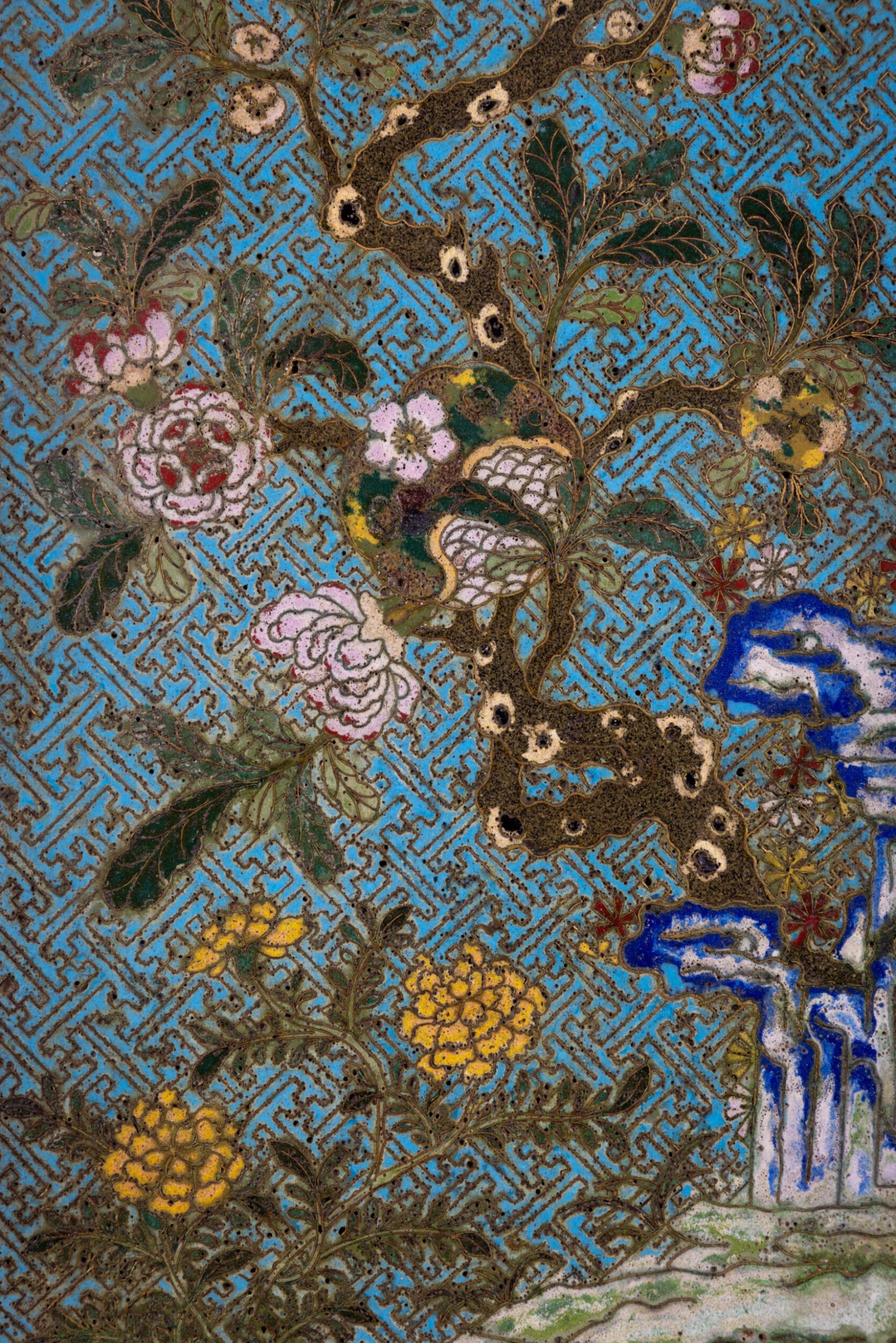 An exceptionally large rectangular cloisonné enamel ‘cong’ vase - detail