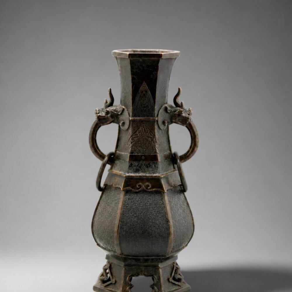 A bronze hexagonal baluster vase